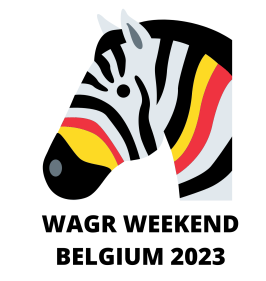 Logo wagr weekend 2023. Dibujo de una cabeza de una cebra con rayas amarillas rojas y negras.